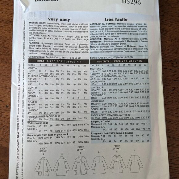 Butterick B5296 Loose Fit, Shawl Collar Lined Coat Womens Sizes 14-22 - Picture 3 of 3